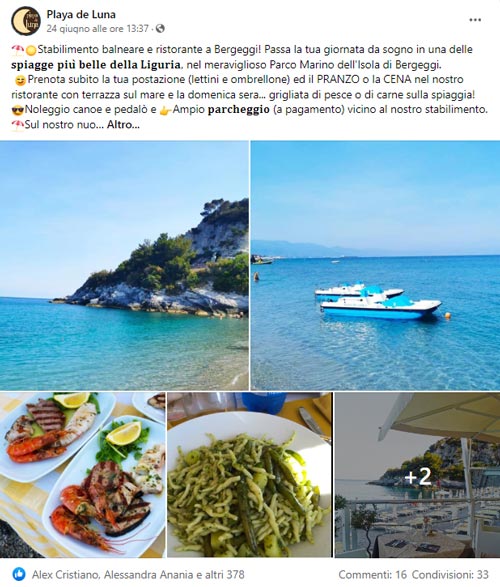Pubblicità su Facebook - Stabilimento balneare ristorante Liguria Savona